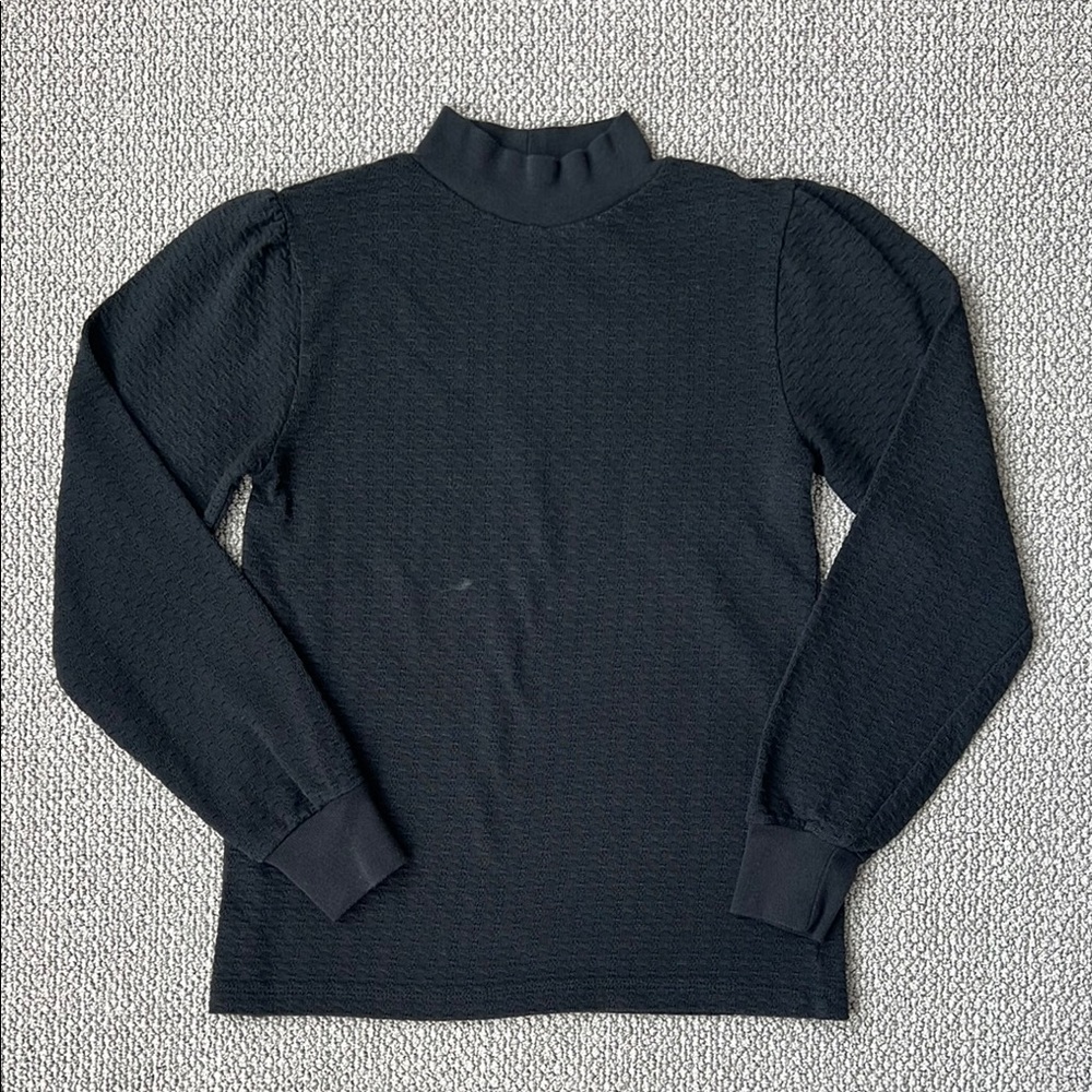 J.Crew Women Black Pointelle Mock Neck Puff Sleeve Top